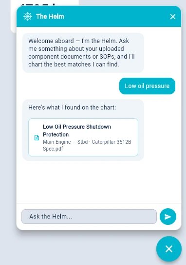 Helm AI assistant answering a question about low oil pressure shutdown protection, citing the relevant engine manual
